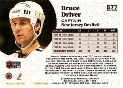 Hockey trading card featuring Bruce Driver in a New Jersey Devils helmet