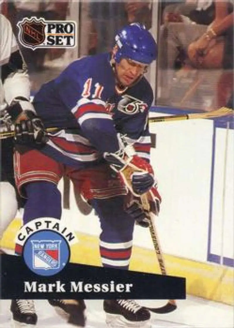 NHL Pro Set hockey card of Mark Messier in New York Rangers blue and red uniform