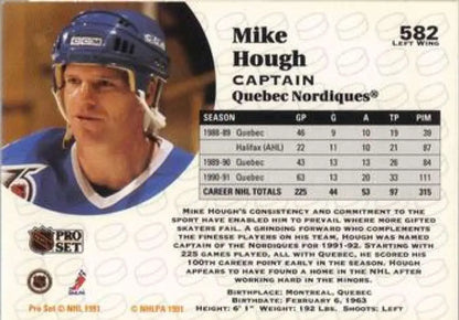 Hockey card of Mike Hough in a blue Quebec Nordiques jersey and helmet