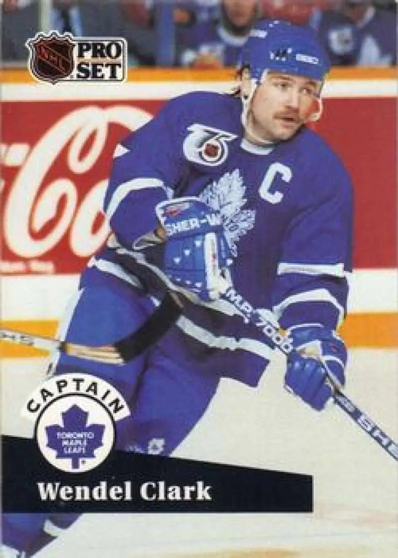 1991-92 Pro Set #585 Wendel Clark Toronto Maple Leafs card with captain’s ’C’ in blue uniform