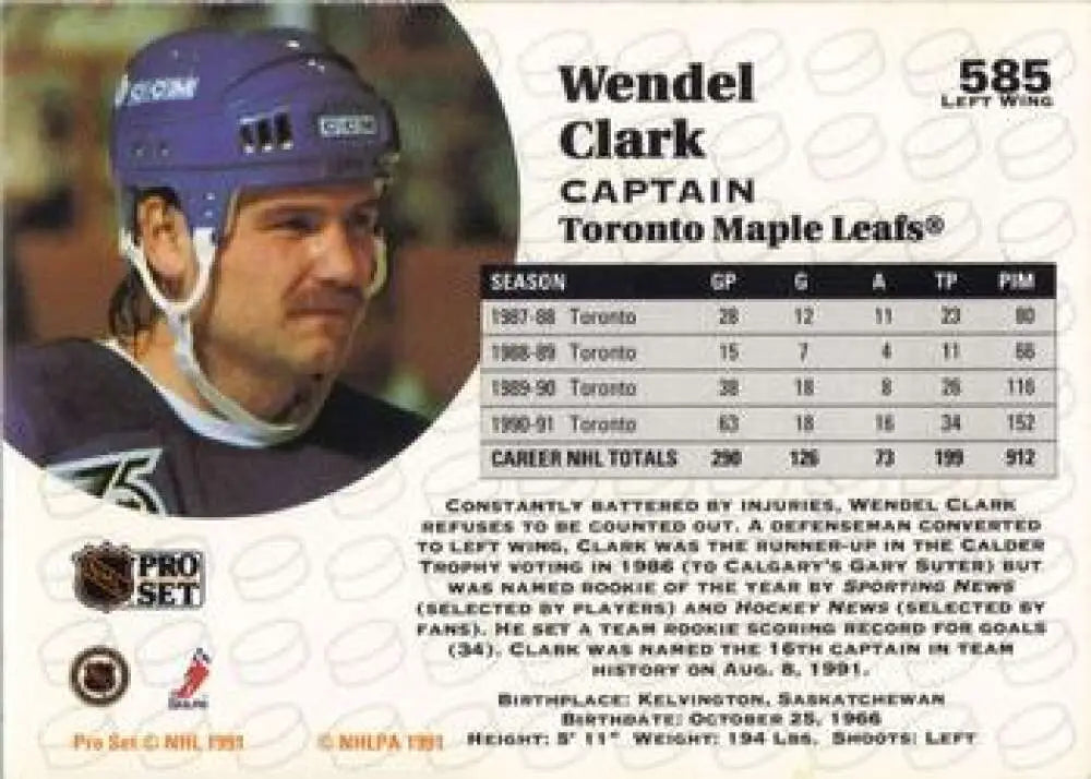 Vintage 1991-92 Pro Set Wendel Clark Toronto Maple Leafs hockey trading card