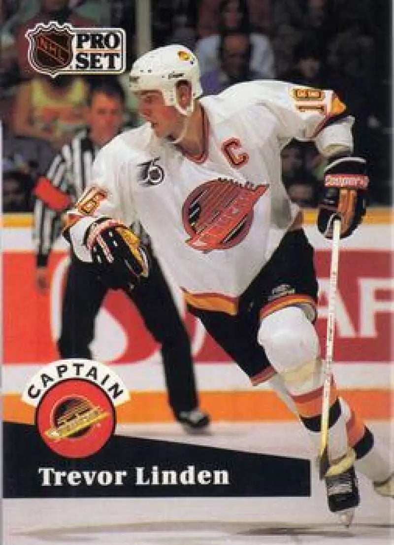 1991-92 Pro Set Trevor Linden Hockey Card featuring Vancouver Canucks captain in white uniform
