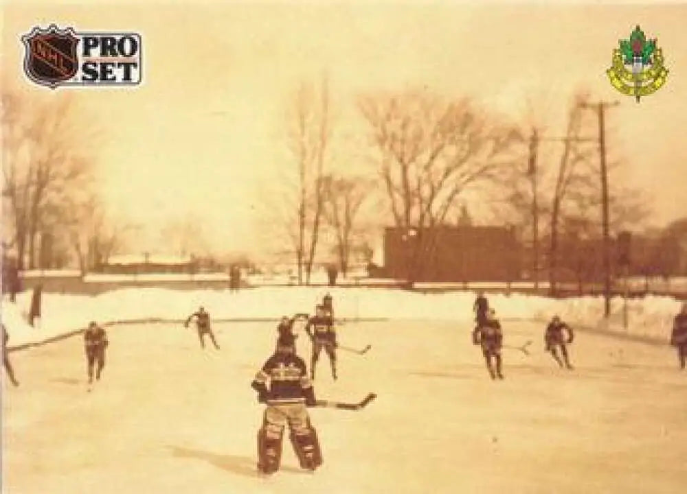 Sepia-toned vintage hockey game on outdoor rink in Pro Set 1991-92 Hockey Card