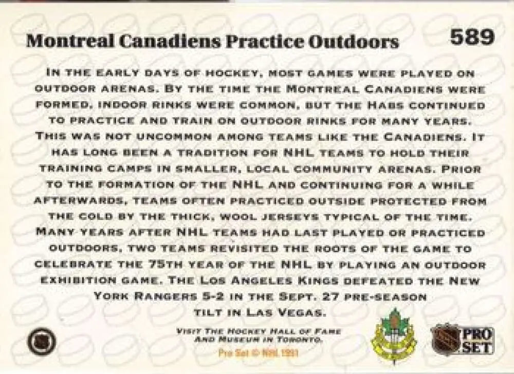 Hockey card showcasing Montreal Canadiens practicing outdoors, 1991-92 Pro Set #589