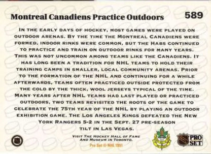 Hockey card showcasing Montreal Canadiens practicing outdoors, 1991-92 Pro Set #589