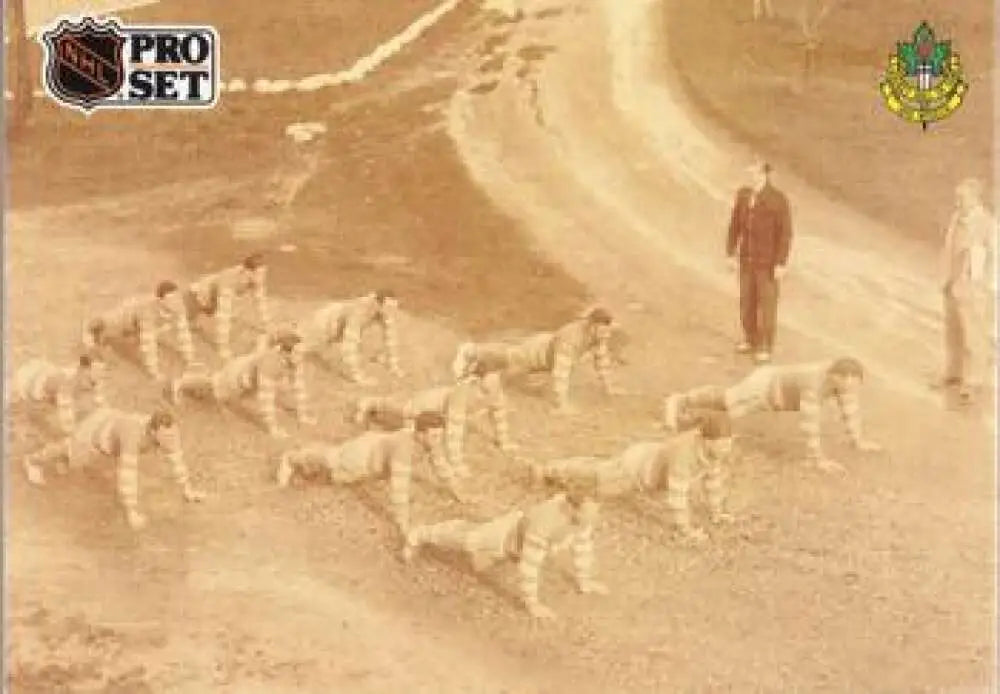 Sepia-toned hockey card of players practicing from the 1991-92 Pro Set #590