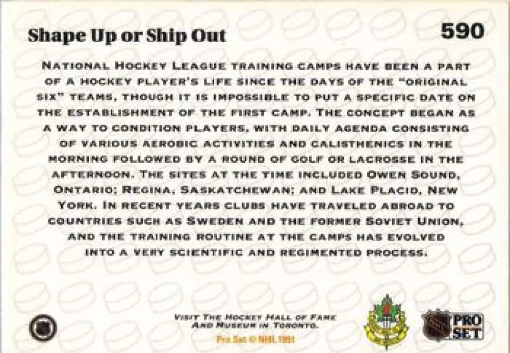 Hockey card showcasing NHL training camps from 1991-92 Pro Set #590 Shape Up