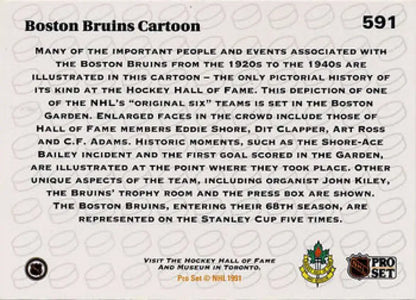 Back of 1991-92 Pro Set #591 Boston Bruins Hockey Card detailing historical events