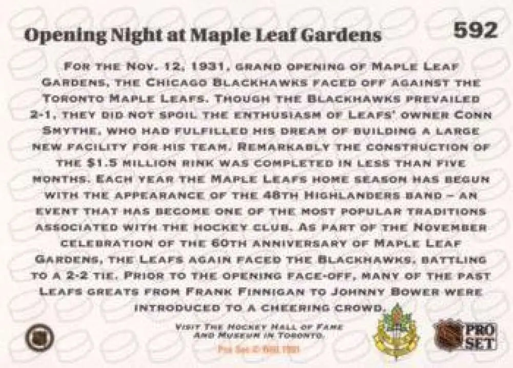 Historical text of Maple Leaf Gardens opening night on 1931 hockey card from Pro Set