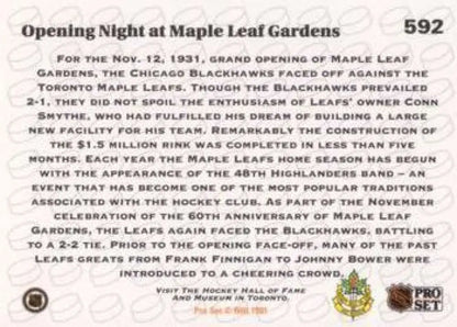 Historical text of Maple Leaf Gardens opening night on 1931 hockey card from Pro Set