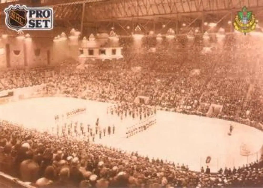Sepia-toned hockey arena packed with fans and players for Pro Set Opening Night Hockey Card
