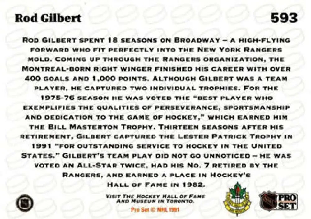 Hockey Card featuring Rod Gilbert’s NHL achievements with the New York Rangers