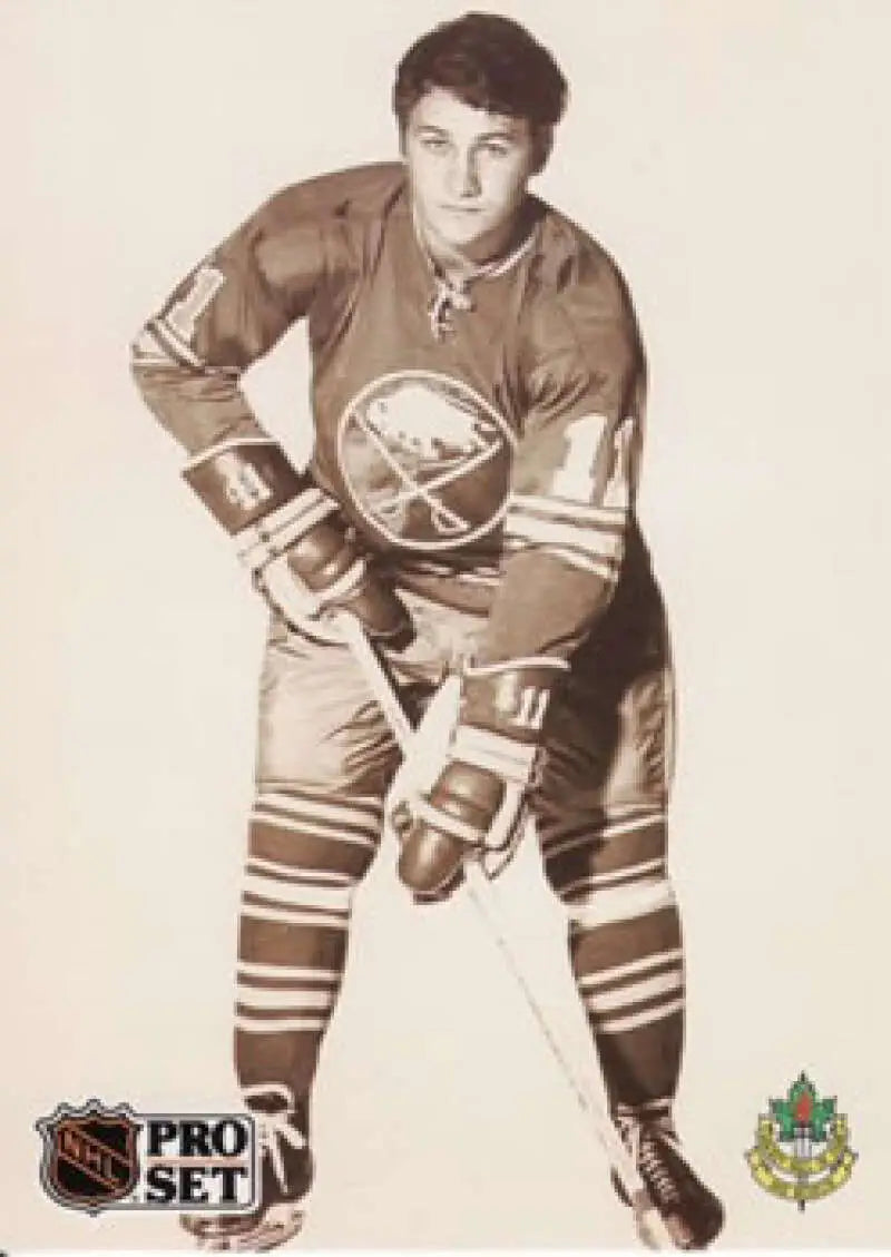 Sepia-toned photograph of Gilbert Perreault in Buffalo Sabres uniform for hockey card