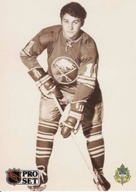 Sepia-toned photograph of Gilbert Perreault in Buffalo Sabres uniform for hockey card