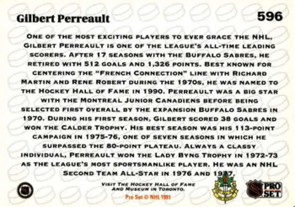 Hockey card of Gilbert Perreault with statistics for Buffalo Sabres 1991-92 Pro Set