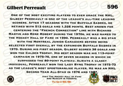 Hockey card of Gilbert Perreault with statistics for Buffalo Sabres 1991-92 Pro Set