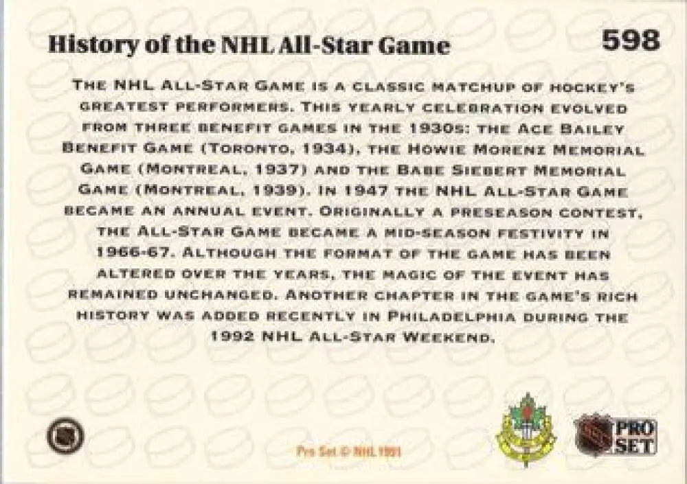 Trading card featuring NHL All-Star Game history and Pro Set logos for collectors