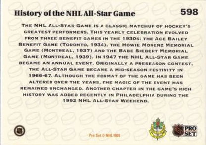 Trading card featuring NHL All-Star Game history and Pro Set logos for collectors