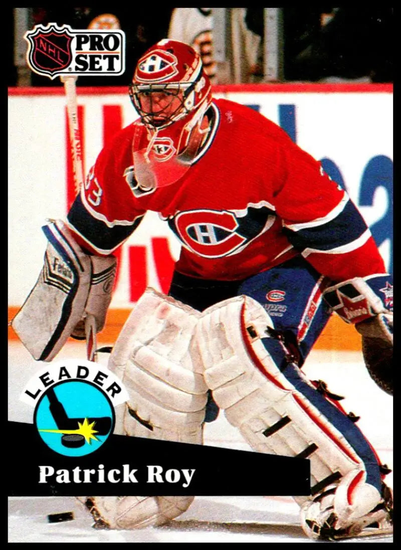 Hockey goalie Patrick Roy in Montreal Canadiens jersey making a save on hockey card