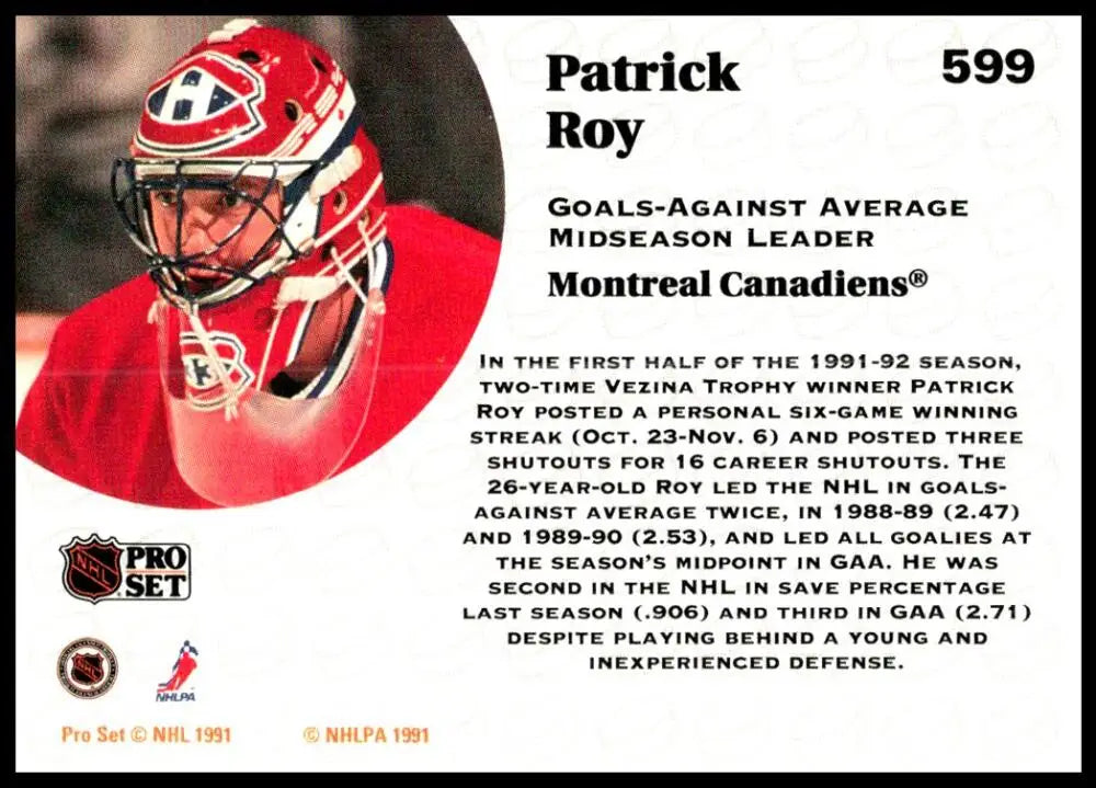 Patrick Roy Montreal Canadiens hockey card in red jersey and mask from 1991-92 Pro Set