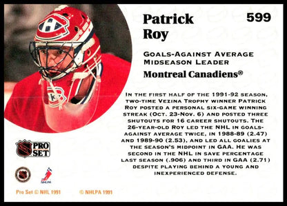 Patrick Roy Montreal Canadiens hockey card in red jersey and mask from 1991-92 Pro Set