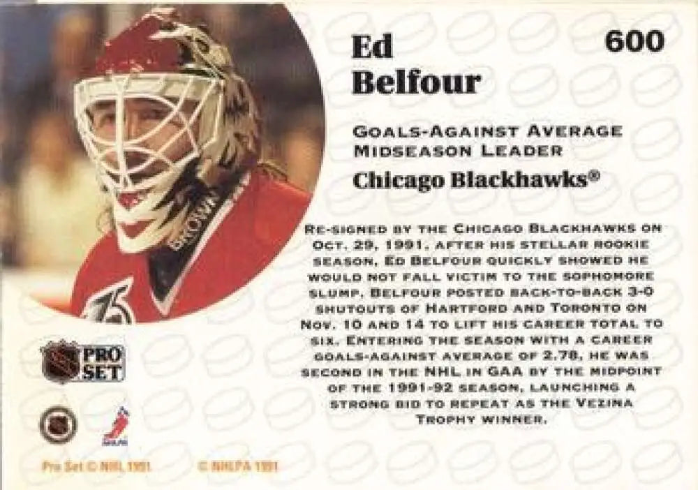 Chicago Blackhawks goalie in red jersey and white mask on hockey card 1991-92 Pro Set