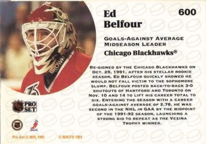 Chicago Blackhawks goalie in red jersey and white mask on hockey card 1991-92 Pro Set