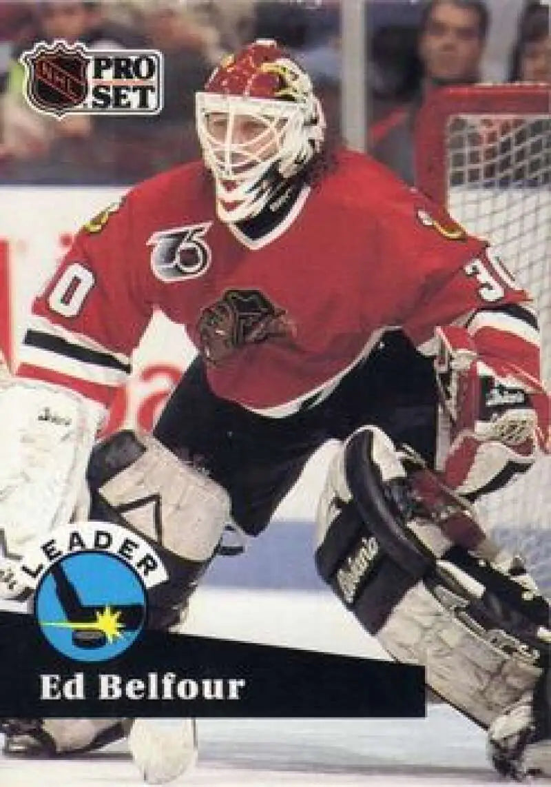 NHL Pro Set hockey card of Ed Belfour, Chicago Blackhawks goalie in red jersey