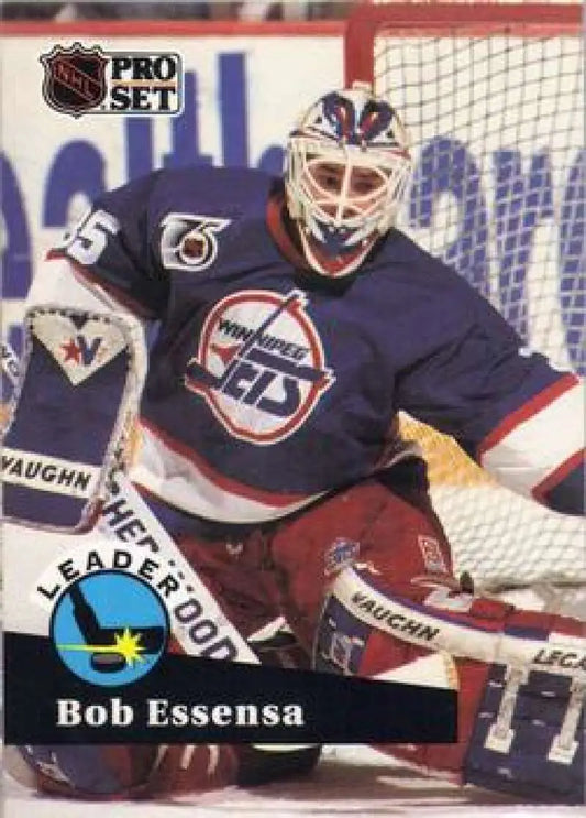 1991-92 Pro Set #602 Bob Essensa Hockey Card featuring Winnipeg Jets goalie in navy jersey