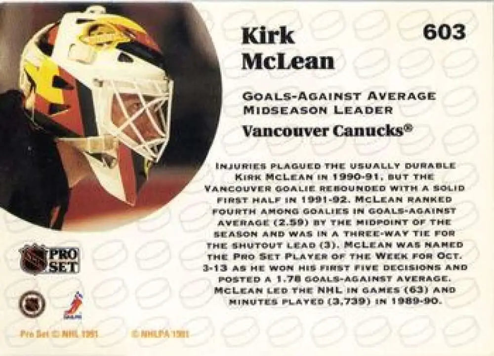 Hockey goalie mask with yellow and black flames on Vancouver Canucks Kirk McLean card