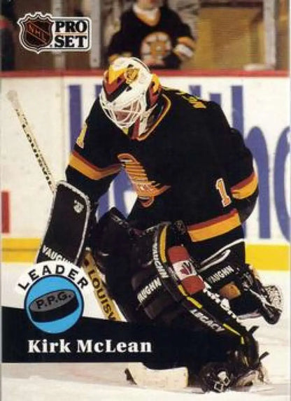 Hockey goalie Kirk McLean in Vancouver Canucks jersey making a save, featured on card