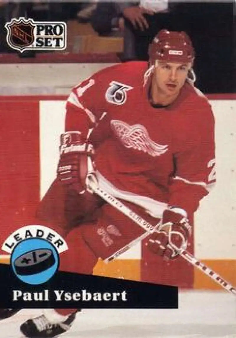 Hockey trading card of Paul Ysebaert in Detroit Red Wings red jersey from 1991-92 Pro Set