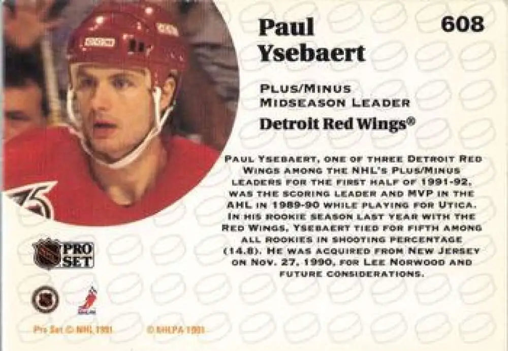 Hockey trading card of Paul Ysebaert from the Detroit Red Wings with a red helmet