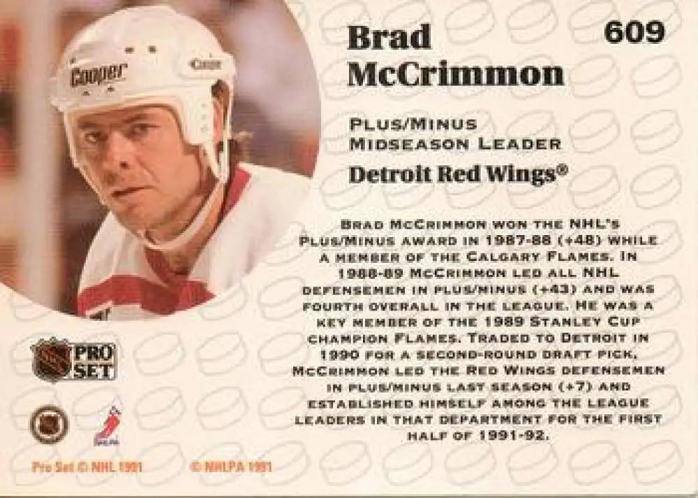 Hockey trading card of Brad McCrimmon for the Detroit Red Wings in white helmet