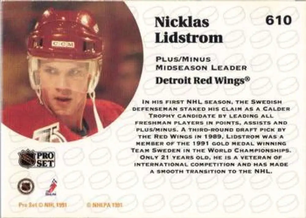 Hockey trading card of Nicklas Lidstrom with red helmet for Detroit Red Wings fans