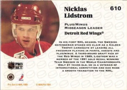 Hockey trading card of Nicklas Lidstrom with red helmet for Detroit Red Wings fans