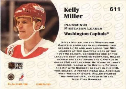 Hockey card featuring Kelly Miller in a red helmet for the Washington Capitals