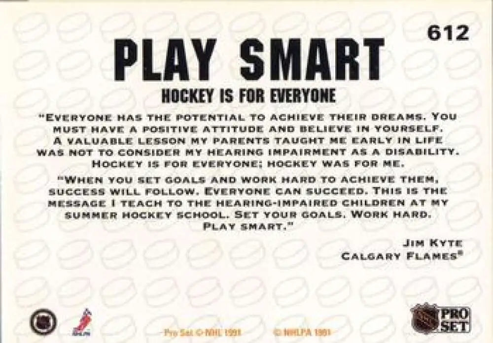 Motivational hockey card featuring PLAY SMART quote for Calgary Flames Jim Kyte