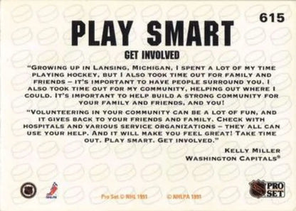 Hockey card featuring Kelly Miller and PLAY SMART message for Washington Capitals fans