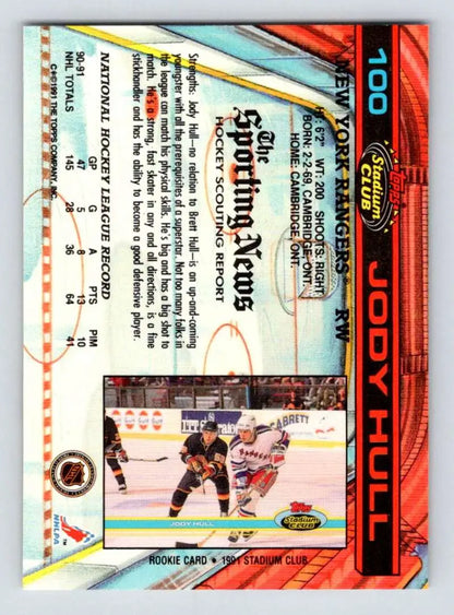 1991-92 Topps Stadium Club Jody Hull New York Rangers hockey card with stats and action photo