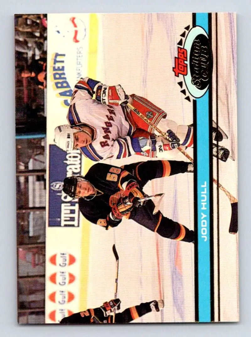 Hockey trading card featuring Jody Hull from Topps Stadium Club with Rangers vs Flyers action