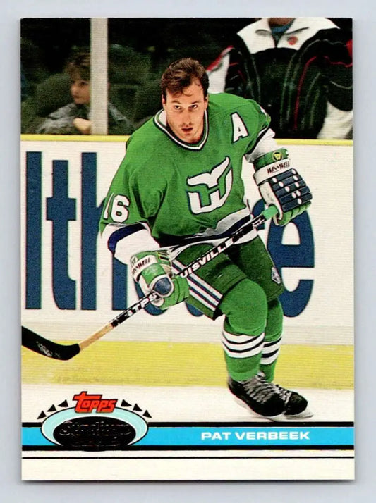 Hockey player in green Hartford Whalers jersey #16 on Pat Verbeek hockey card