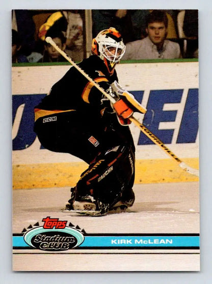 Kirk McLean in black and orange uniform on 1991-92 Topps Stadium Club Hockey Card