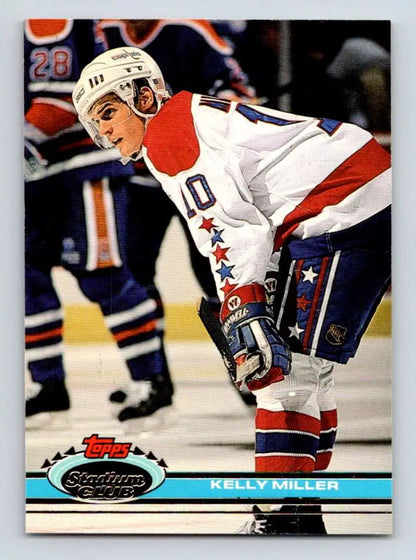 Hockey player in a white Washington Capitals jersey on Topps Stadium Club Kelly Miller card
