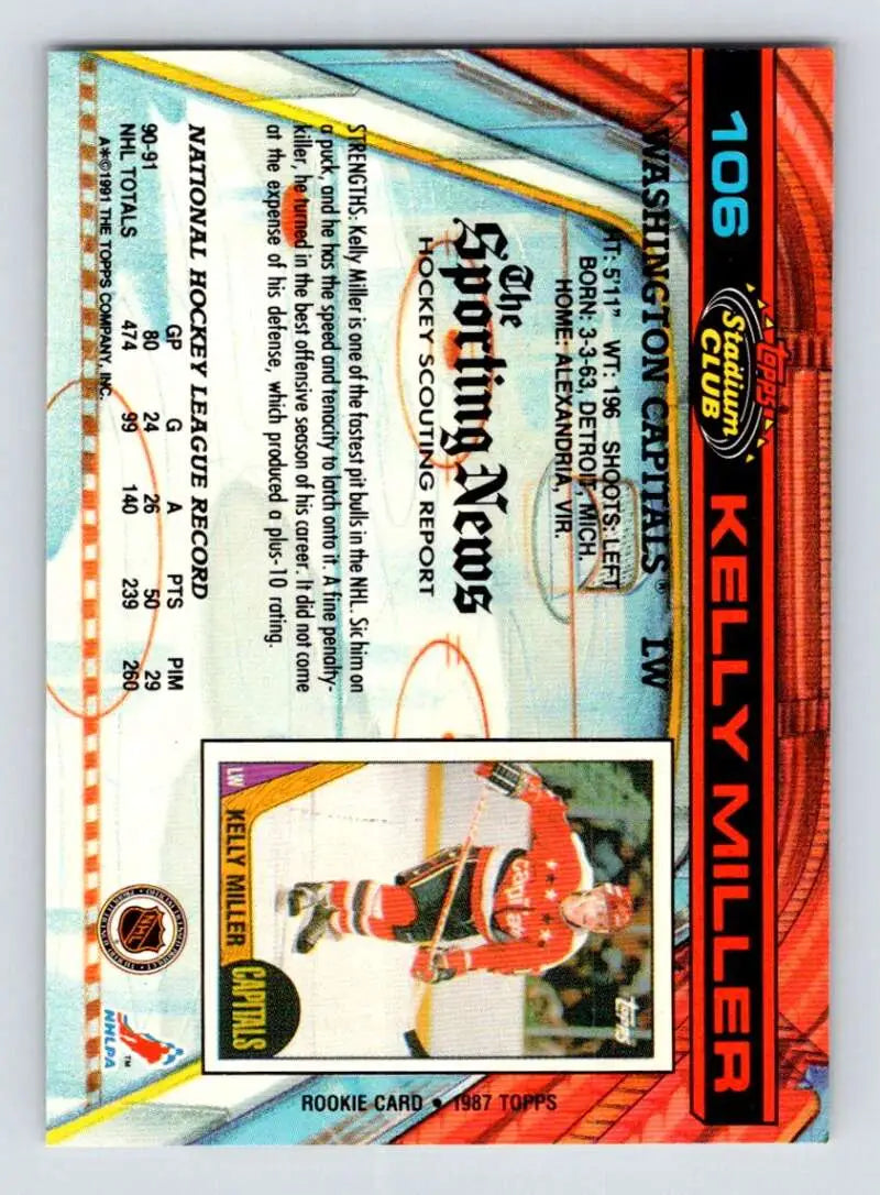 1991-92 Topps Stadium Club Kelly Miller hockey card in red and white uniform