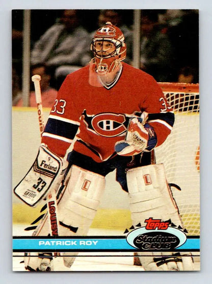 Hockey card of Patrick Roy in classic Montreal Canadiens red jersey