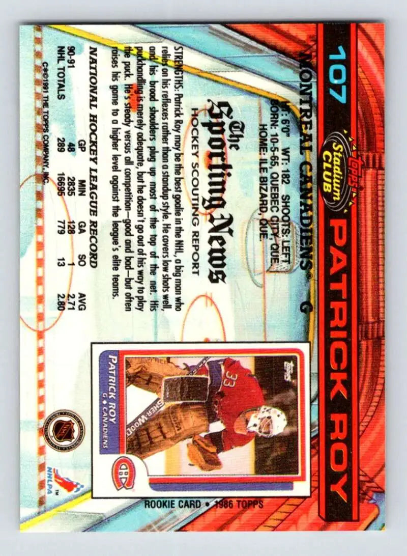 Hockey card featuring Patrick Roy with red and blue holographic design, Montreal Canadiens