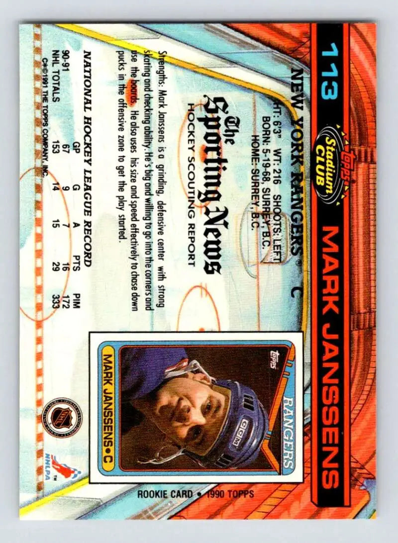 Baseball trading card featuring Mark Janssens with holographic design and orange borders