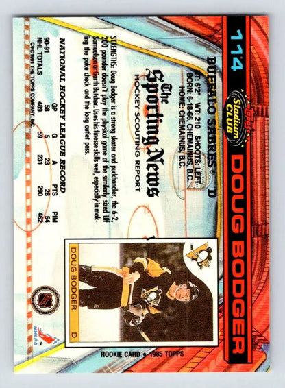 Doug Bodger 1991-92 Topps Stadium Club Hockey Card with black and orange border design
