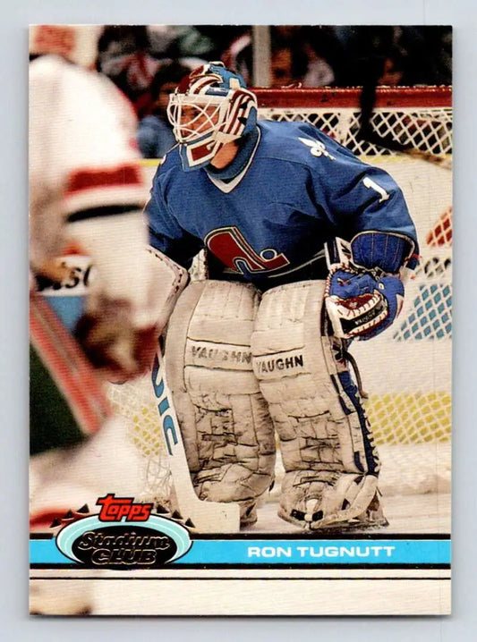 Hockey goalie Ron Tugnut in Quebec Nordiques jersey on 1991-92 Topps Stadium Club card